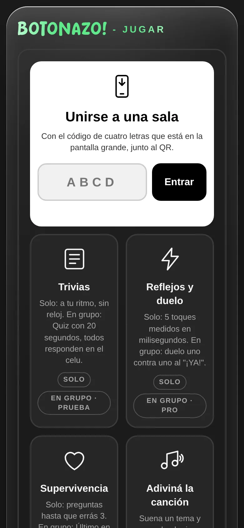 Pantalla para escribir el código de sala