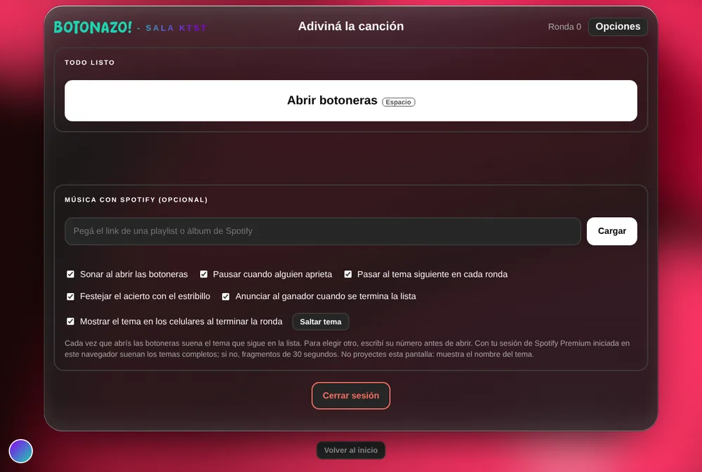 Pantalla del creador de la sala