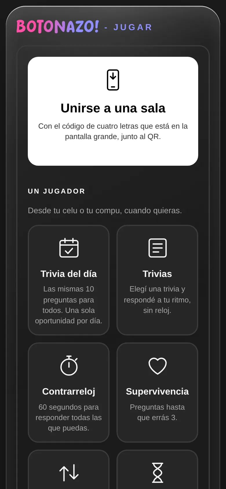 Página Jugar con todos los modos