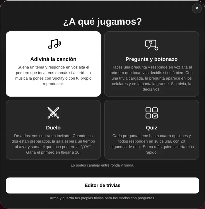 Menú de modos de la sala