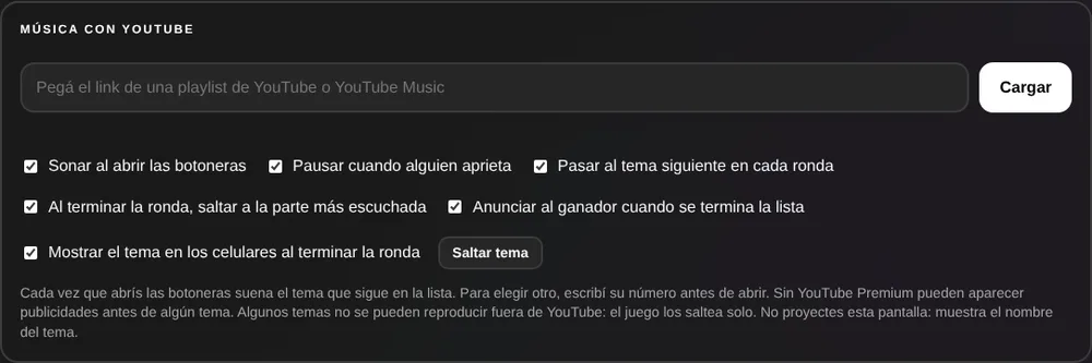Recuadro Música con YouTube