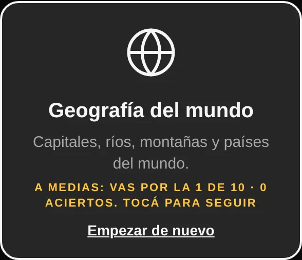 Tarjeta de una trivia a medias con Empezar de nuevo