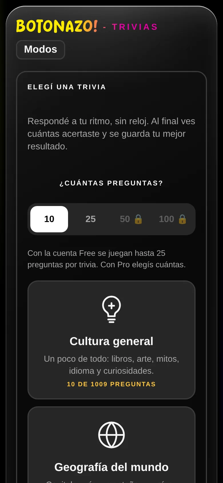 Lista de trivias con el selector de cantidad