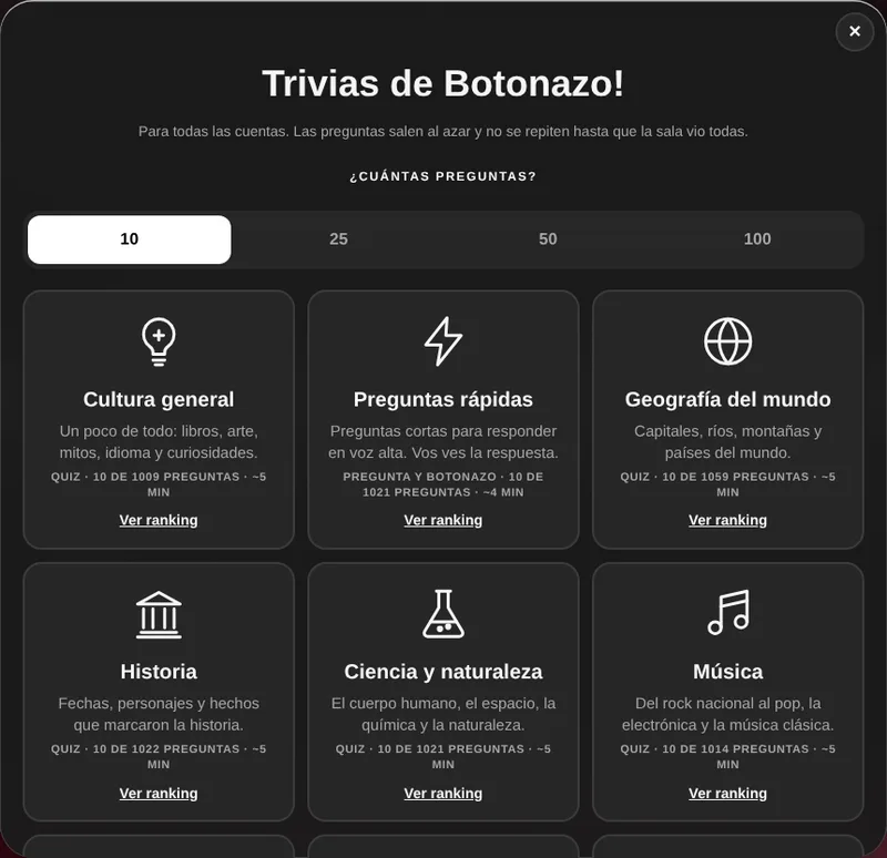 Menú Trivias de Botonazo! con la cantidad de preguntas