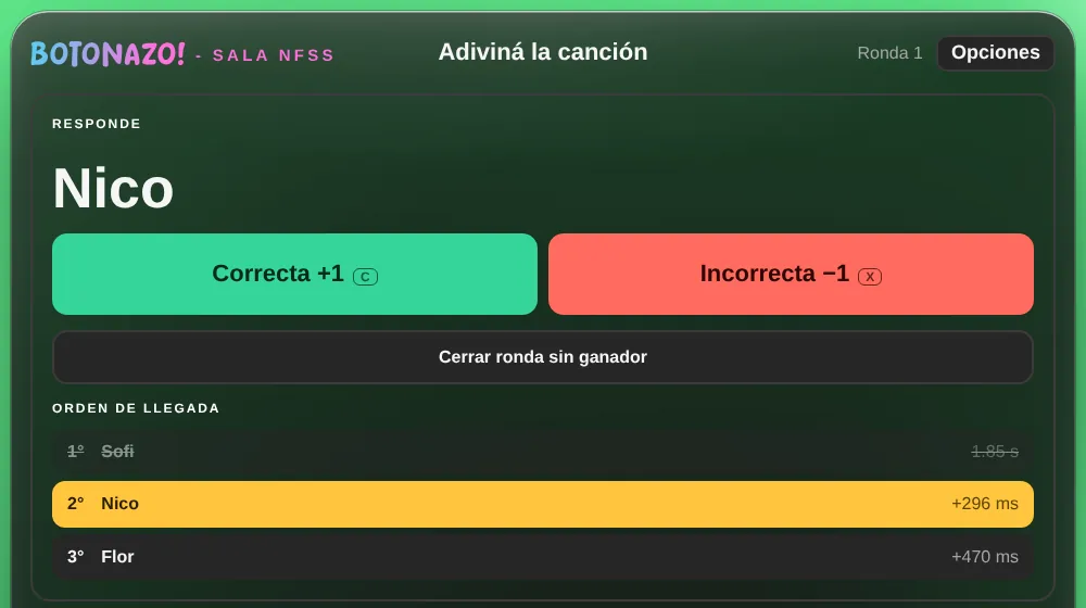 Pantalla del creador: responde Nico, con Correcta e Incorrecta